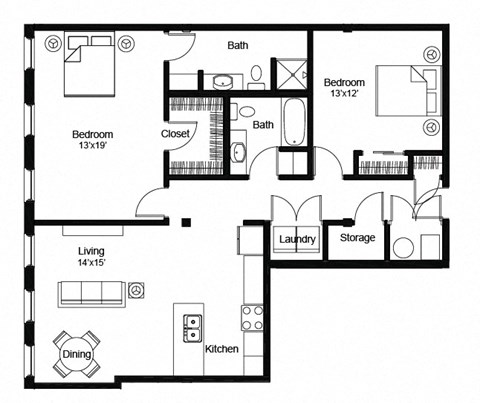 Floor plan for 2 beds, 2 baths